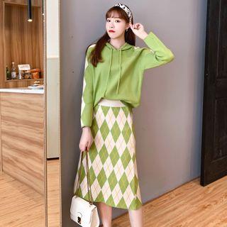 Set: Argyle Knit Long-sleeve Hoodie + Midi A-line Skirt