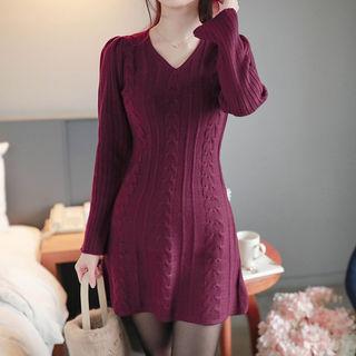 Puff-sleeve Slim A-line Knit Dress