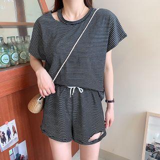 Set: Striped Distressed Short-sleeve T-shirt + Drawstring-waist Shorts