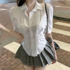 Set: Short-sleeve Irregular Shirt + Plaid Pleated Mini A-line Skirt