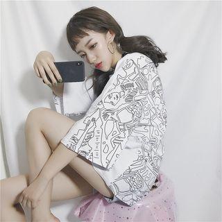 3/4-sleeve Giraffe Print T-shirt As Shown In Figure - One Size