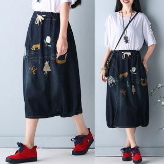 Embroidered Drawstring Denim Skirt
