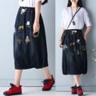 Embroidered Drawstring Denim Skirt