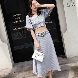 Set: Striped Short-sleeve Cropped Blouse + A-line Midi Skirt