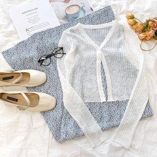 Long-sleeve Plain Knit Cardigan / Floral Printed Strappy Dress