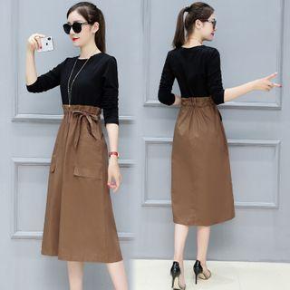 Mock Two-piece Drawstring-waist Midi A-line Dress