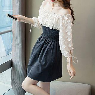 Off-shoulder Applique Smocked A-line Dress