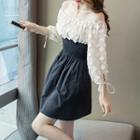 Off-shoulder Applique Smocked A-line Dress