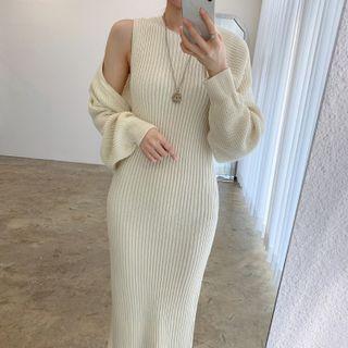 Set: Ribbed Knit Cropped Cardigan + Sleeveless Midi Dress