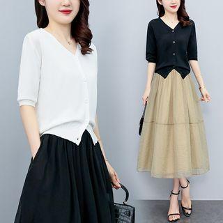 Set: Elbow-sleeve Cardigan + Mesh Midi A-line Skirt