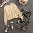 Set: Contrast Trim Sweater + Printed Midi Straight-fit Skirt Set - Almond - One Size