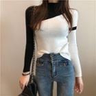 Mock Neck Two-tone Long-sleeve Knit Top