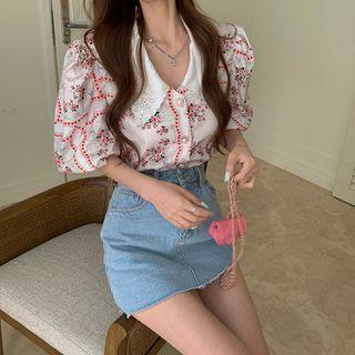 Short-sleeve Patterned Shirt White & Red - One Size