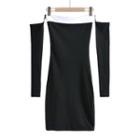 Long-sleeve Off-shoulder Contrast Trim Slit Bodycon Dress