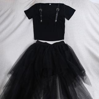 Set: Short-sleeve Buckled T-shirt + Asymmetrical A-line Mesh Skirt Set Of 2 - T-shirt & Mesh Skirt - Black - One Size