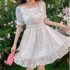 Short-sleeve Square-neck Ruffle Trim Flower Print Dress Floral - One Size