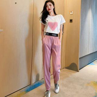 Short-sleeve Heart Print T-shirt / Sweatpants / Set