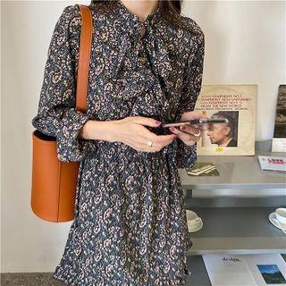Floral Crewneck High-waist Loose-fit A-line Puff-sleeve Dress