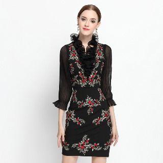 3/4-sleeve Embroidery Sheath Dress