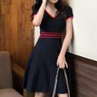 Color-block V-neck Short-sleeve Slim-fit Knit Dress Dark Blue - One Size