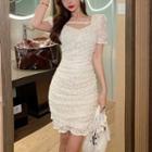 Short-sleeve Square-neck Lace Mini Bodycon Dress