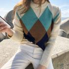 Crewneck Wool Blend Argyle Sweater Beige - One Size