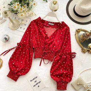 Balloon-sleeve Dotted Cropped Blouse