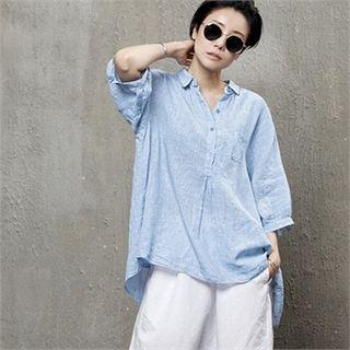 Half-placket Linen Blend Check Blouse