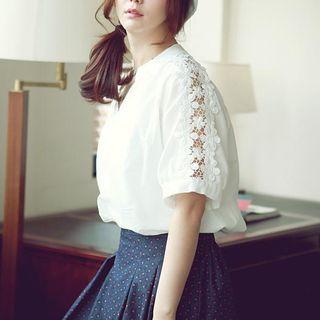 Short-sleeve V-neck Paneled Long Blouse