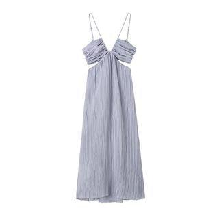Spaghetti-strap Ruched Ribbon-back Midi A-line Dress