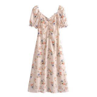 Elbow Sleeve Floral Maxi Dress
