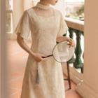 Short-sleeve Floral Embroidered Beaded Fringe Midi A-line Dress