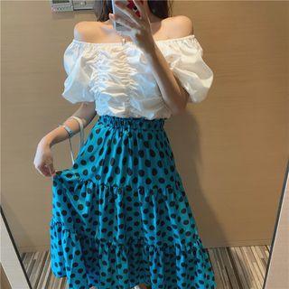 Off-shoulder Crop Top / Layered Dotted Midi Skirt