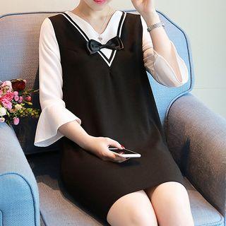 Bow Accent Color Block 3/4 Sleeve Dress