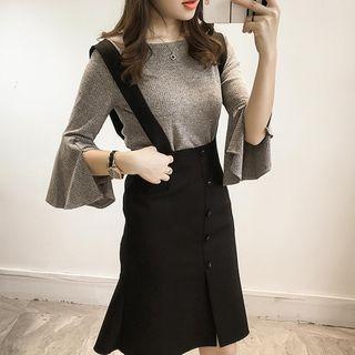 Set: Flared-sleeve Knit Top + Suspender Skirt