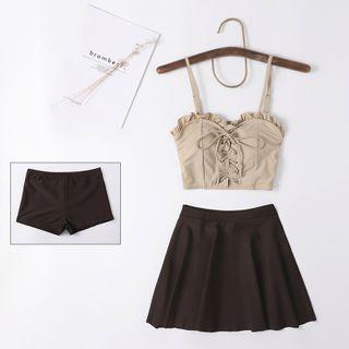 Set: Lace-up Ruffled Swim Top + Swim Skirt + Shorts