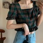 Short-sleeve Plaid Frill Trim Crop Top As Shown In Figure - One Size