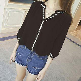 Embroidered V-neck 3/4-sleeve Chiffon Blouse