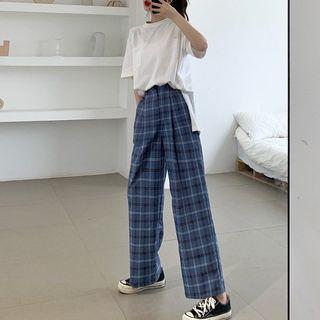 Pocketed Short-sleeve T-shirt / Plaid Wide Leg Pants