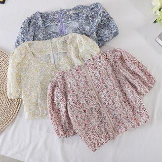 Square-neck Floral Puff-sleeve Top