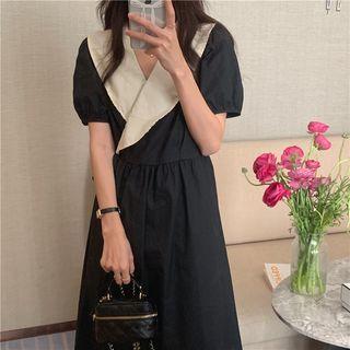 Short-sleeve V-neck Two Tone A-line Midi Dress