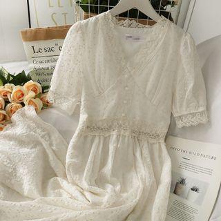 Patchwork Lace-trim V-neck Midi Dress