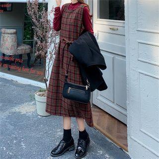 Mock-neck Long-sleeve T-shirt / Plaid Overall Dress