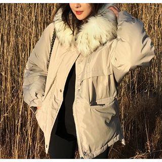Furry-trim Hooded Padded Jacket Light Gray - One Size