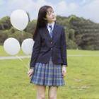 Set: Plain Blazer + Shirt + Neck Tie + Plaid A-line Skirt