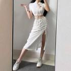 Bow Detail Short Sleeve Crop Top / Drawstring Slit Skirt