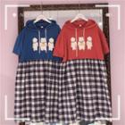Short-sleeve Bear Print Plaid Panel Hoodie Dress