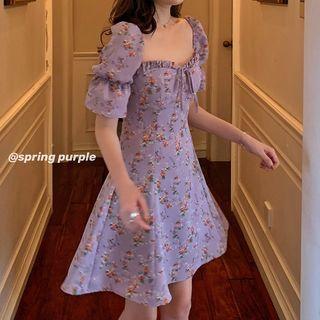 Puff-sleeve Floral Chiffon Frill Trim A-line Dress