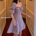 Puff-sleeve Floral Chiffon Frill Trim A-line Dress