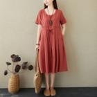 Plain Short-sleeve Drawstring-waist Midi A-line Dress